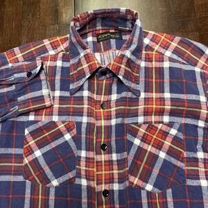 Vtg 60's‎ JCPenny L Red Blue Plaid FLANNEL Chore Hunting Work Shop Shirt Retro